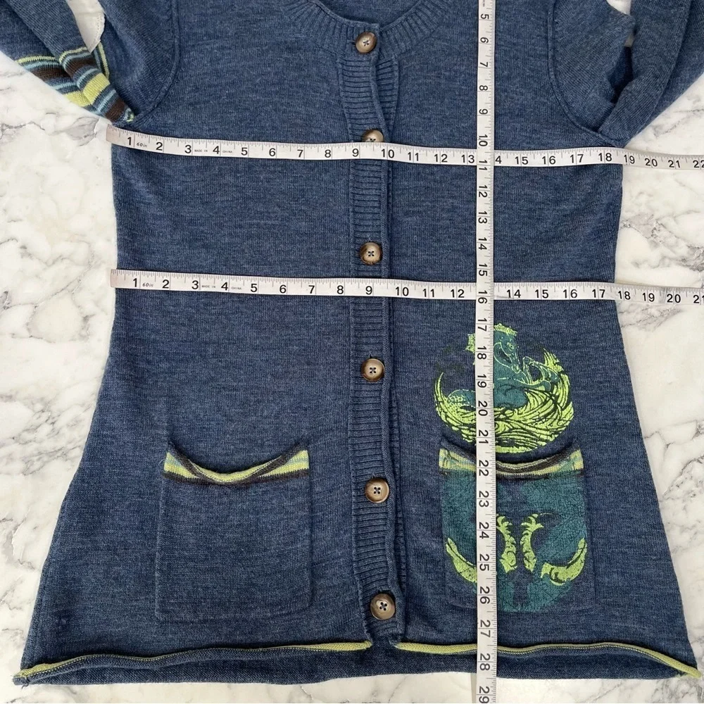 Vintage Y2K Title Nine 100% Washable Wool Cardigan Sweater Blue Horse Print L